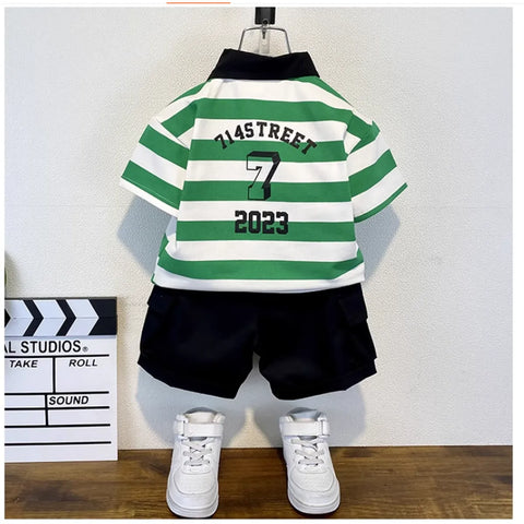 Striped Green Polo & Side-Tag Shorts Set for Boys (1-8 Years)