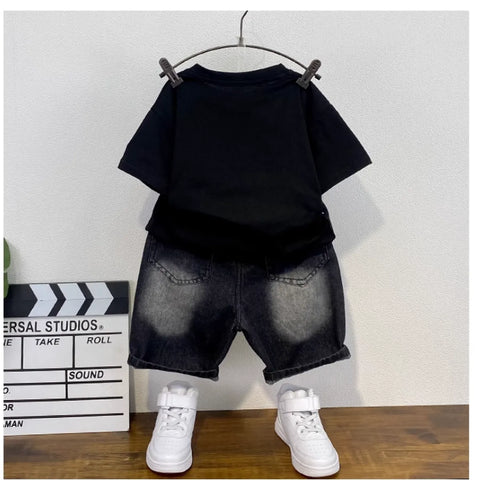 Black Headphone Graphic Tee & Graffiti Denim Shorts Set (1-8 Years)