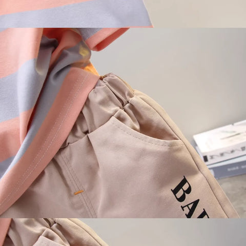 Striped “BABY” T-Shirt & Beige Shorts Set for Boys (1-5 Years)