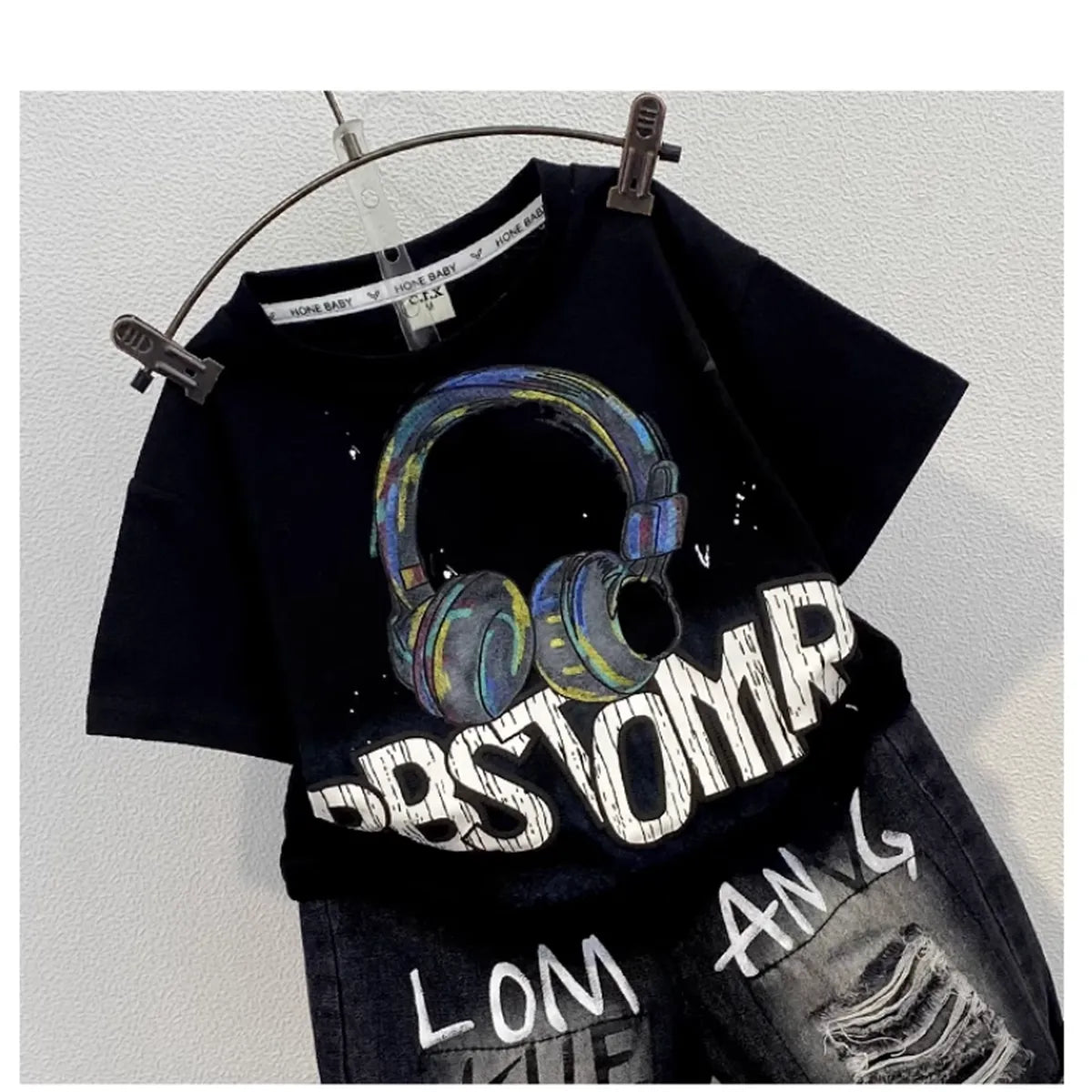 Black Headphone Graphic Tee & Graffiti Denim Shorts Set (1-8 Years)