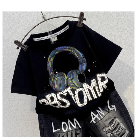 Black Headphone Graphic Tee & Graffiti Denim Shorts Set (1-8 Years)