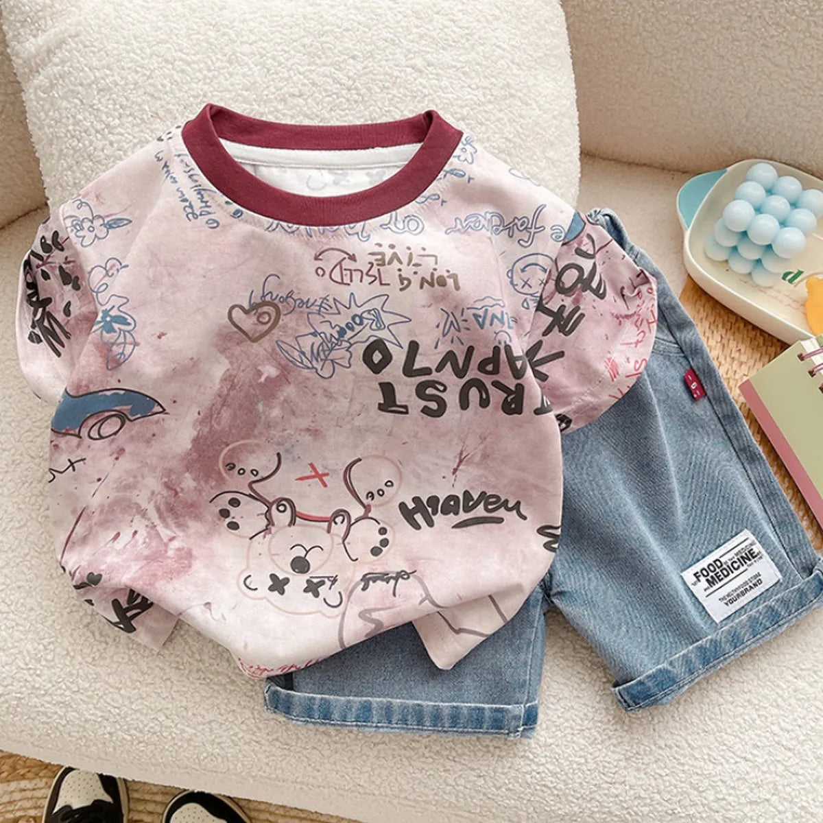 Boys' Street Art Summer Set – Printed Tee & Denim Shorts (1-6 Years)