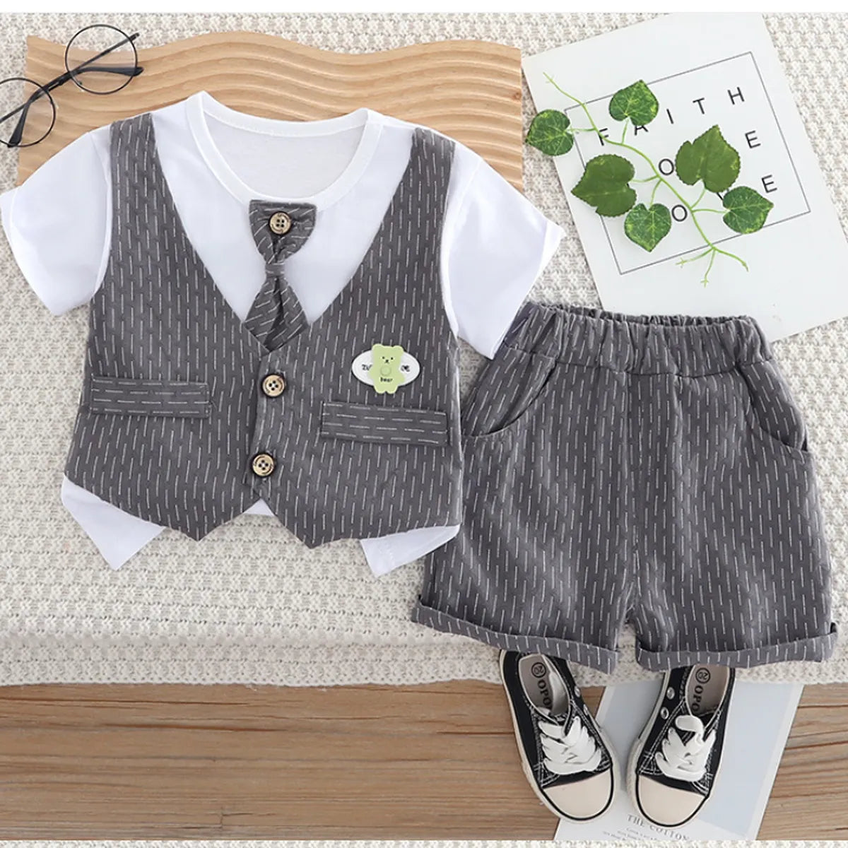 Boys' 3-Piece Grey Summer Outfit – Vest, Shorts & Tie Set (1-6 Years)