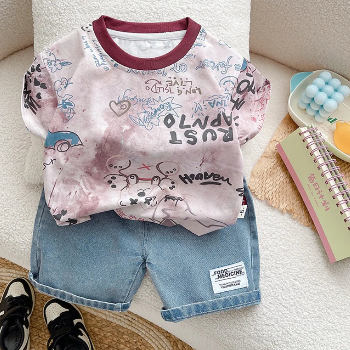 Boys' Street Art Summer Set – Printed Tee & Denim Shorts (1-6 Years)