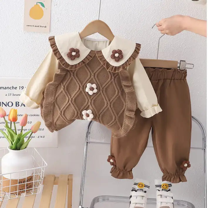 3-Piece Kids Outfit with 3D Flower Vest – Beige or Brown (1-5 Years)