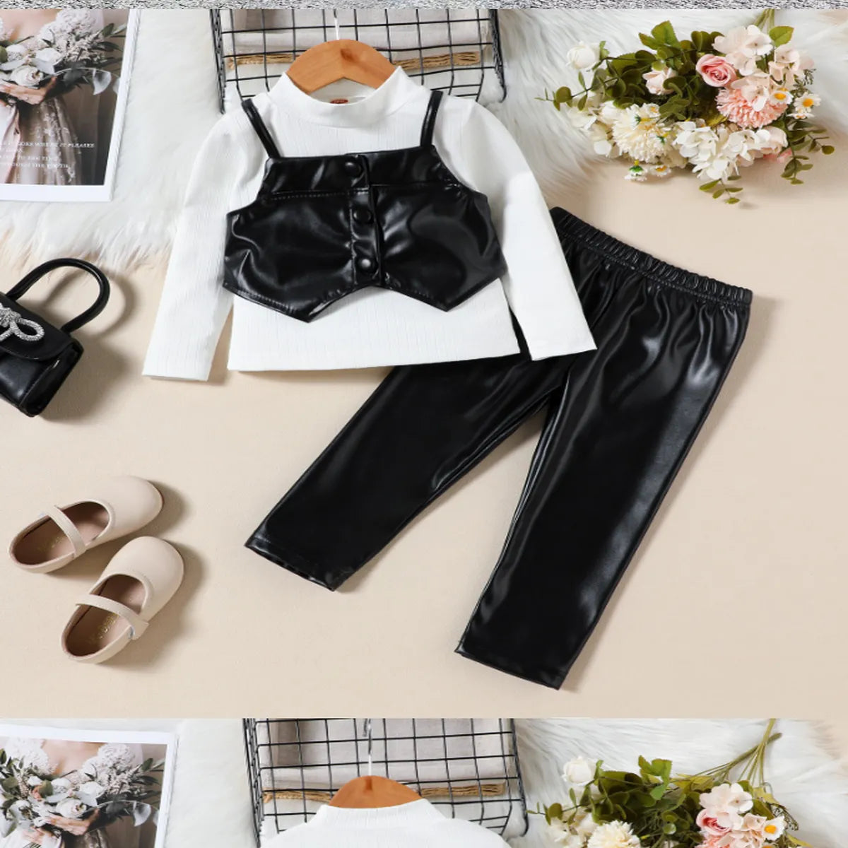 3-Piece Faux Leather Outfit Set for Girls – Top, Vest & Leggings (2-7 Years)