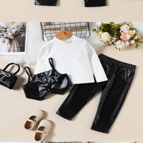 3-Piece Faux Leather Outfit Set for Girls – Top, Vest & Leggings (2-7 Years)