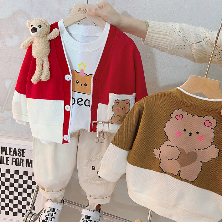 Toddler 3-Piece Animal Pocket Cardigan Set – Red, Brown, Pink (1-6 Years)