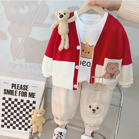 Toddler 3-Piece Animal Pocket Cardigan Set – Red, Brown, Pink (1-6 Years)