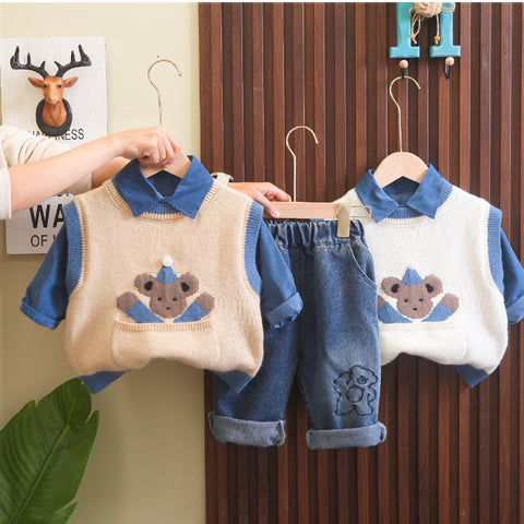 Toddler 3-Piece Bear Vest, Shirt & Jeans Set – Beige or White (1-6 Years)