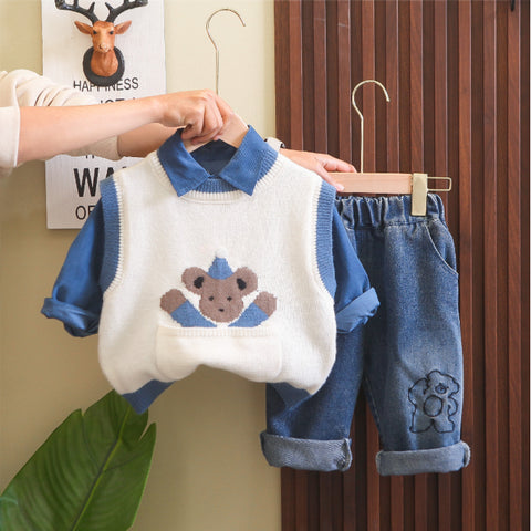 Toddler 3-Piece Bear Vest, Shirt & Jeans Set – Beige or White (1-6 Years)