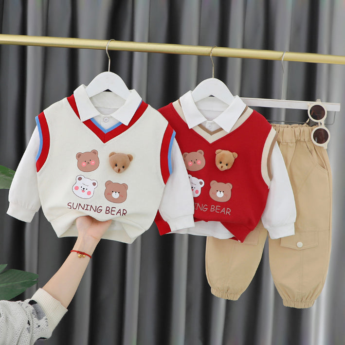 Toddler & Baby 3-Piece Bear Vest Outfit – Red, Black, White (10M-5Y)