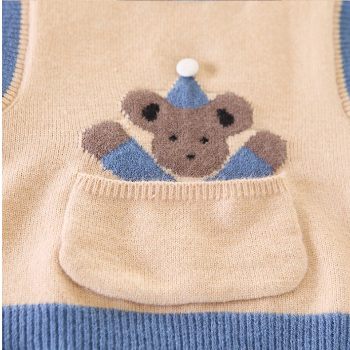 Toddler 3-Piece Bear Vest, Shirt & Jeans Set – Beige or White (1-6 Years)