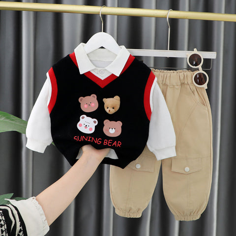 Toddler & Baby 3-Piece Bear Vest Outfit – Red, Black, White (10M-5Y)