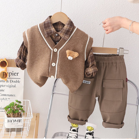 Toddler 3-Piece Plaid Shirt & Bear Vest Outfit – White or Brown (1-5 Years)
