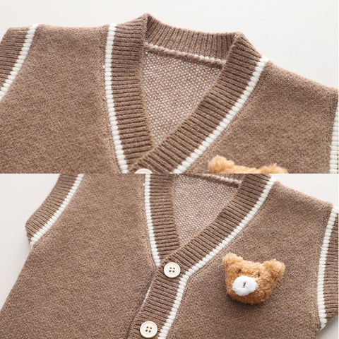 Toddler 3-Piece Plaid Shirt & Bear Vest Outfit – White or Brown (1-5 Years)