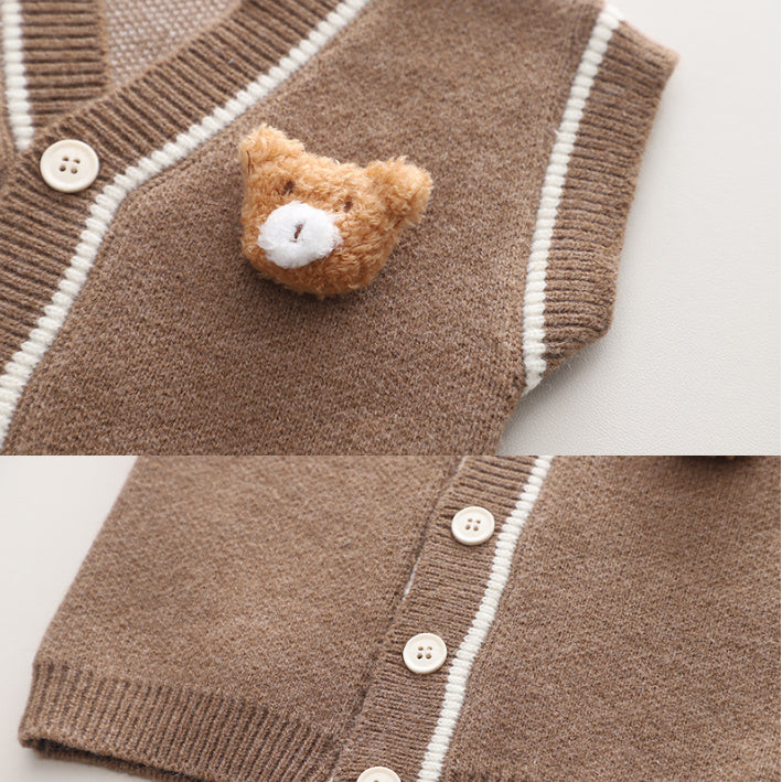 Toddler 3-Piece Plaid Shirt & Bear Vest Outfit – White or Brown (1-5 Years)