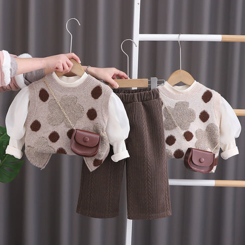 Girls 3-Piece Polka Dot Vest Outfit with Bonus Bag – Beige or Cream (1-5 Years)