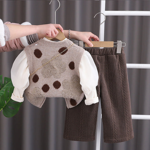 Girls 3-Piece Polka Dot Vest Outfit with Bonus Bag – Beige or Cream (1-5 Years)