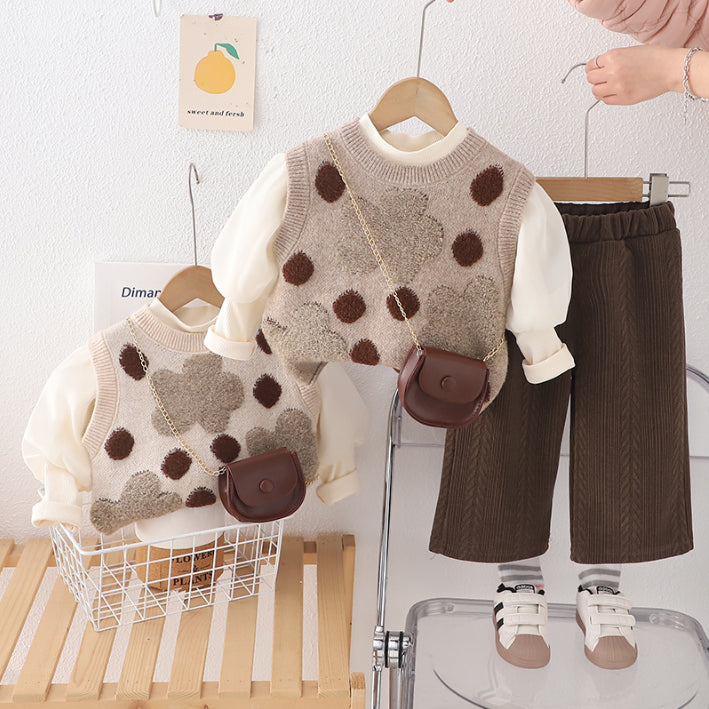 Girls 3-Piece Polka Dot Vest Outfit with Bonus Bag – Beige or Cream (1-5 Years)