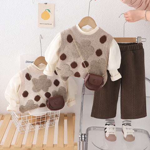 Girls 3-Piece Polka Dot Vest Outfit with Bonus Bag – Beige or Cream (1-5 Years)