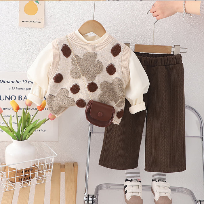 Girls 3-Piece Polka Dot Vest Outfit with Bonus Bag – Beige or Cream (1-5 Years)