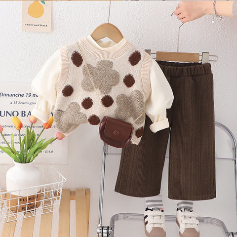 Girls 3-Piece Polka Dot Vest Outfit with Bonus Bag – Beige or Cream (1-5 Years)