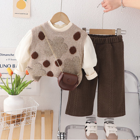 Girls 3-Piece Polka Dot Vest Outfit with Bonus Bag – Beige or Cream (1-5 Years)