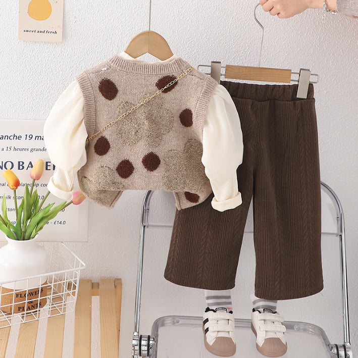 Girls 3-Piece Polka Dot Vest Outfit with Bonus Bag – Beige or Cream (1-5 Years)