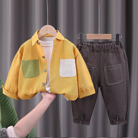 Toddler 3-Piece Color Block Shirt, T-Shirt & Pants Set – Yellow, Green, White (1-5 Years)