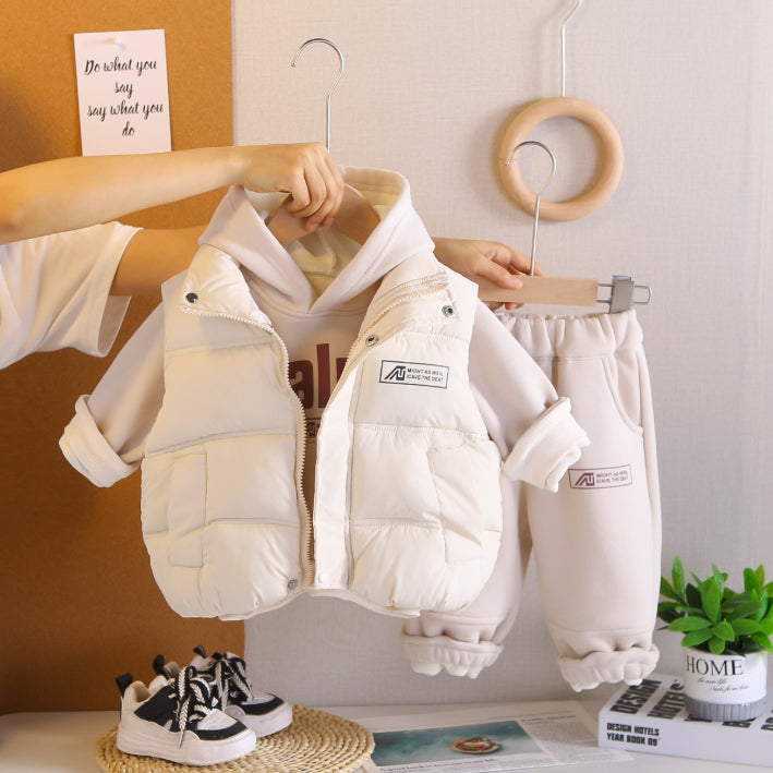 Toddler 3-Piece Hoodie, Pants & Puffer Vest Set – Green, Brown, Cream, White (1-6 Years)