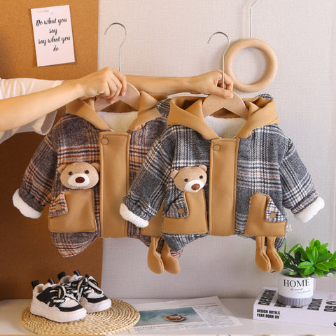 Toddler Thick Winter Plaid Jacket with Bear Pocket – Brown or Grey (1-5 Years)