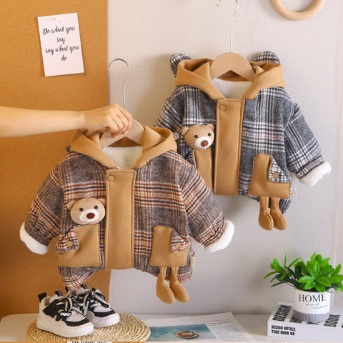Toddler Thick Winter Plaid Jacket with Bear Pocket – Brown or Grey (1-5 Years)