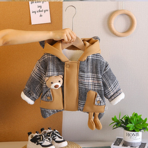 Toddler Thick Winter Plaid Jacket with Bear Pocket – Brown or Grey (1-5 Years)