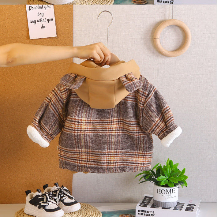 Toddler Thick Winter Plaid Jacket with Bear Pocket – Brown or Grey (1-5 Years)