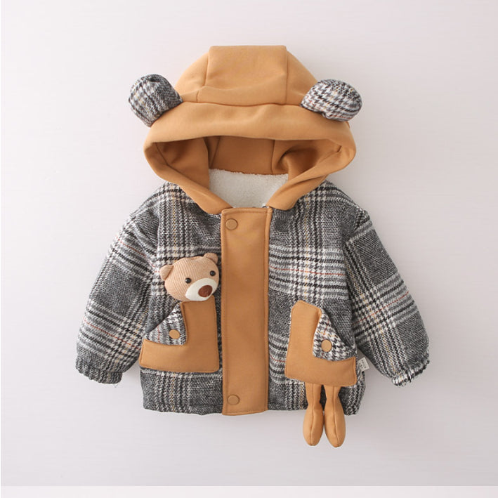 Toddler Thick Winter Plaid Jacket with Bear Pocket – Brown or Grey (1-5 Years)