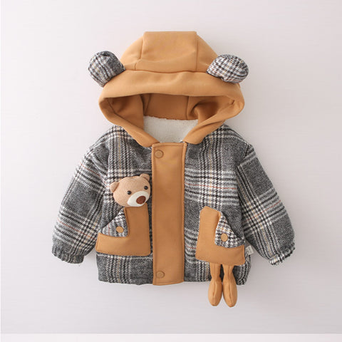 Toddler Thick Winter Plaid Jacket with Bear Pocket – Brown or Grey (1-5 Years)