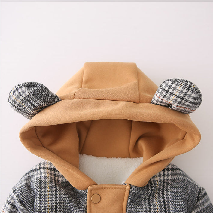 Toddler Thick Winter Plaid Jacket with Bear Pocket – Brown or Grey (1-5 Years)
