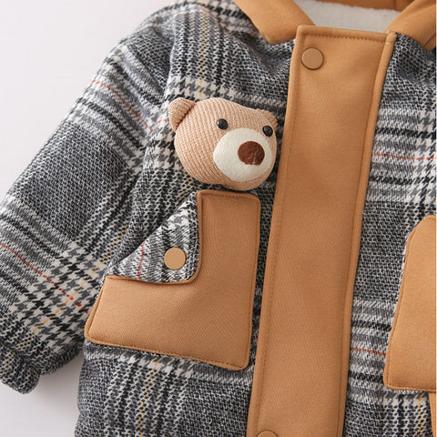 Toddler Thick Winter Plaid Jacket with Bear Pocket – Brown or Grey (1-5 Years)