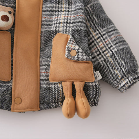 Toddler Thick Winter Plaid Jacket with Bear Pocket – Brown or Grey (1-5 Years)