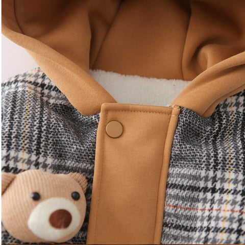 Toddler Thick Winter Plaid Jacket with Bear Pocket – Brown or Grey (1-5 Years)