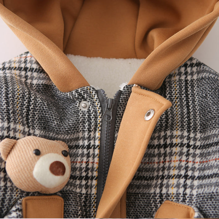 Toddler Thick Winter Plaid Jacket with Bear Pocket – Brown or Grey (1-5 Years)