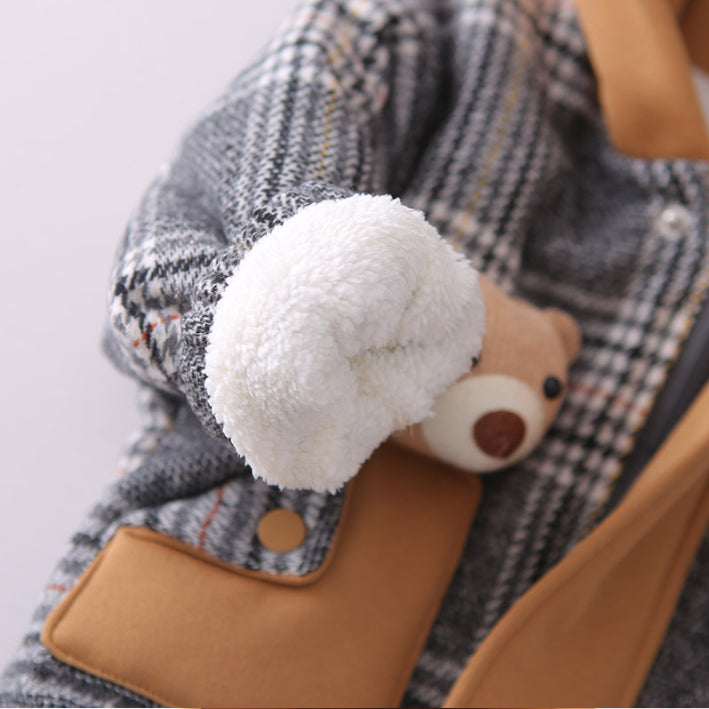 Toddler Thick Winter Plaid Jacket with Bear Pocket – Brown or Grey (1-5 Years)
