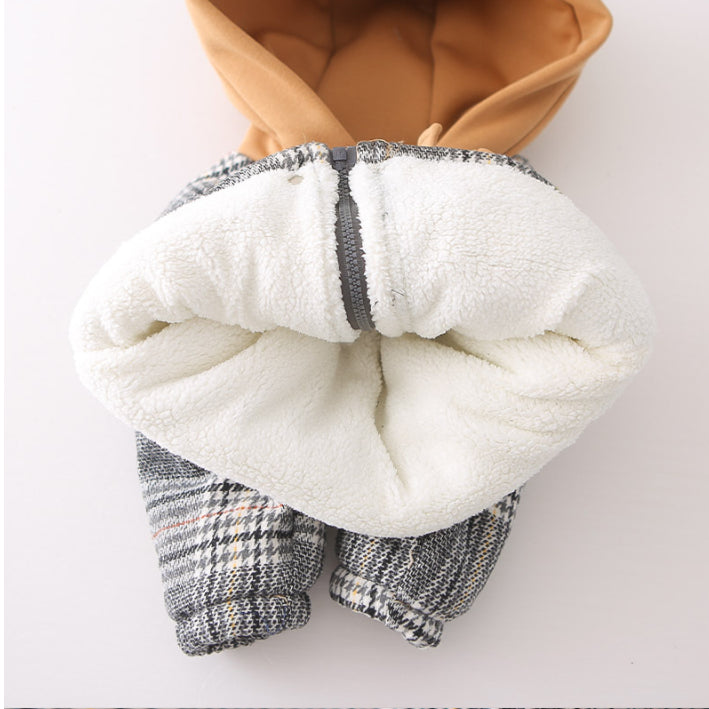 Toddler Thick Winter Plaid Jacket with Bear Pocket – Brown or Grey (1-5 Years)