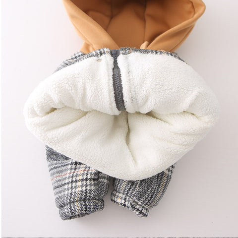 Toddler Thick Winter Plaid Jacket with Bear Pocket – Brown or Grey (1-5 Years)