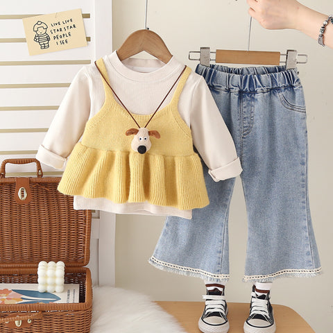 3-Piece Kids Outfit with Knit Top & Jeans – Yellow or Red (1-5 Years)