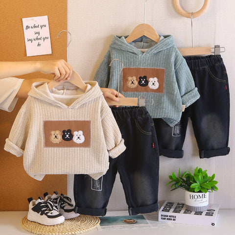 Bear Patch Hoodie & Jeans Children’s Outfit – Blue or Cream (1-5 Years)