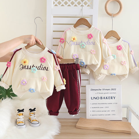 2-Piece Kids Flower Sweatshirt & Pants Set – Purple, Pink or Bordeaux (1-5 Years)
