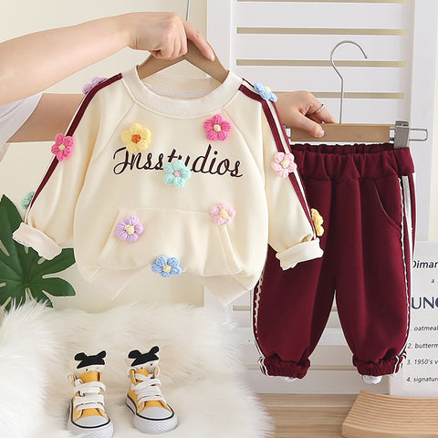 2-Piece Kids Flower Sweatshirt & Pants Set – Purple, Pink or Bordeaux (1-5 Years)