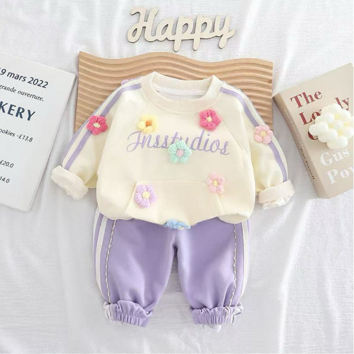 2-Piece Kids Flower Sweatshirt & Pants Set – Purple, Pink or Bordeaux (1-5 Years)